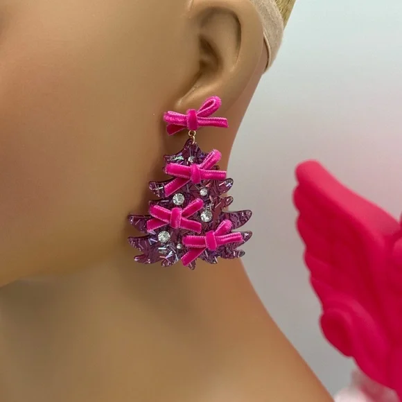 Bow Embellished Christmas Tree Dangle Earrings - Picture 3 of 5